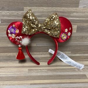 Chinese New year Mickey Ears Minnie Mouse Disney Red Ears with Gold Sequin Bow
